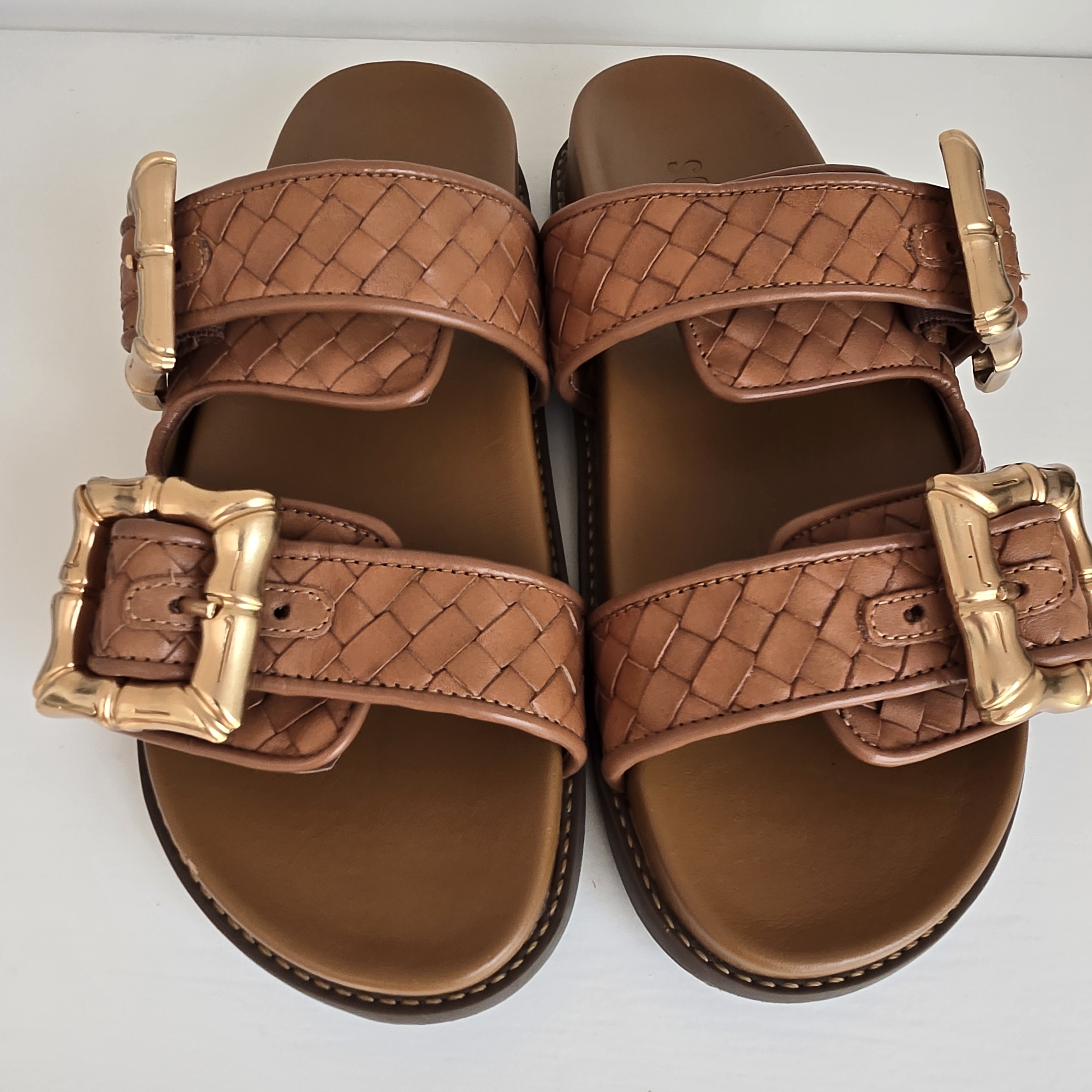 Schutz Braided Buckle Slide Sandals In Cognac Brown